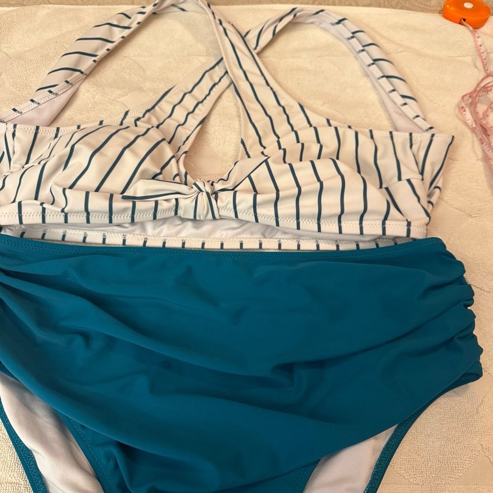 Nautical Striped Bikini Set in Teal Blue and White